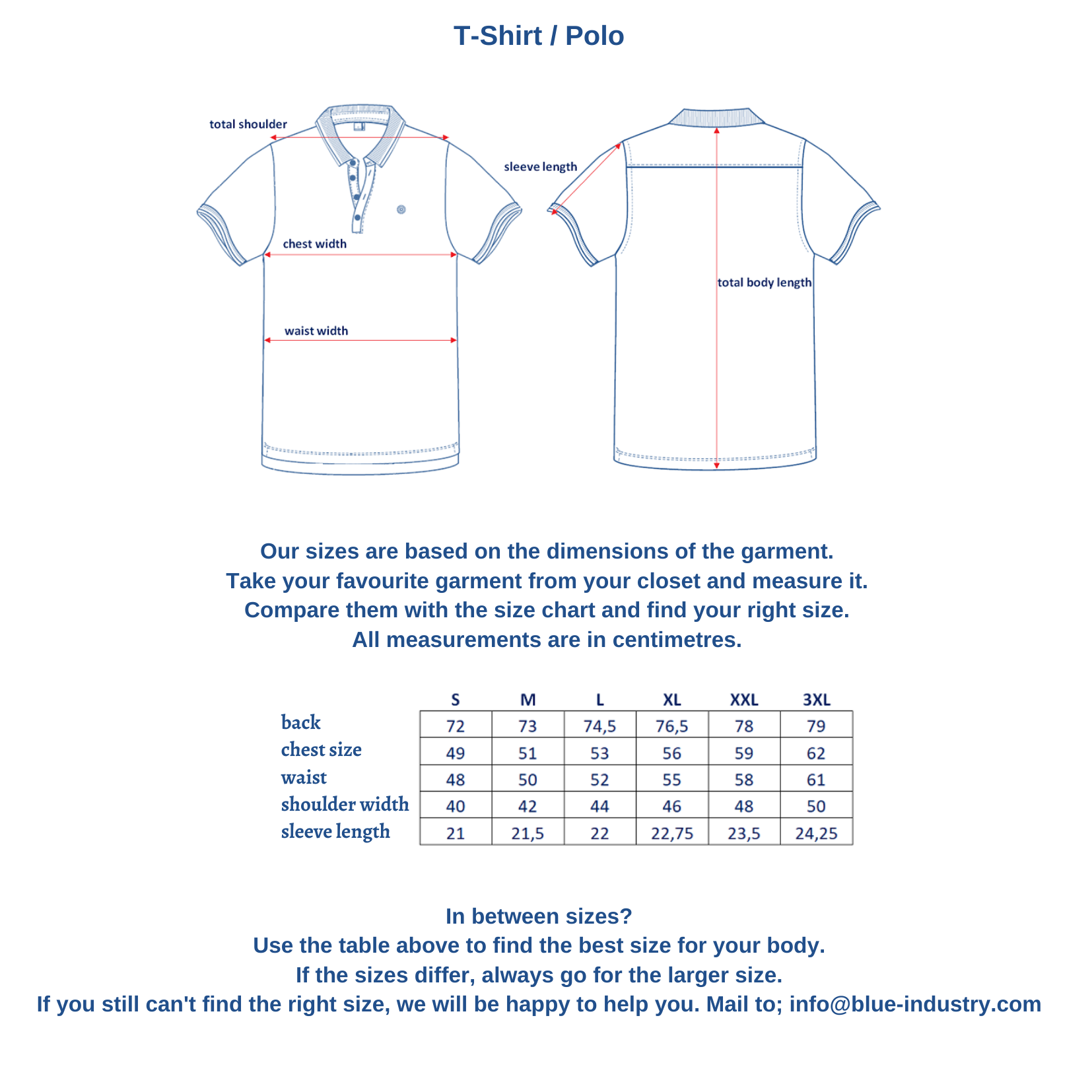 Wrap Fest Betydelig Size chart T-shirt / Polo | Blue Industry 